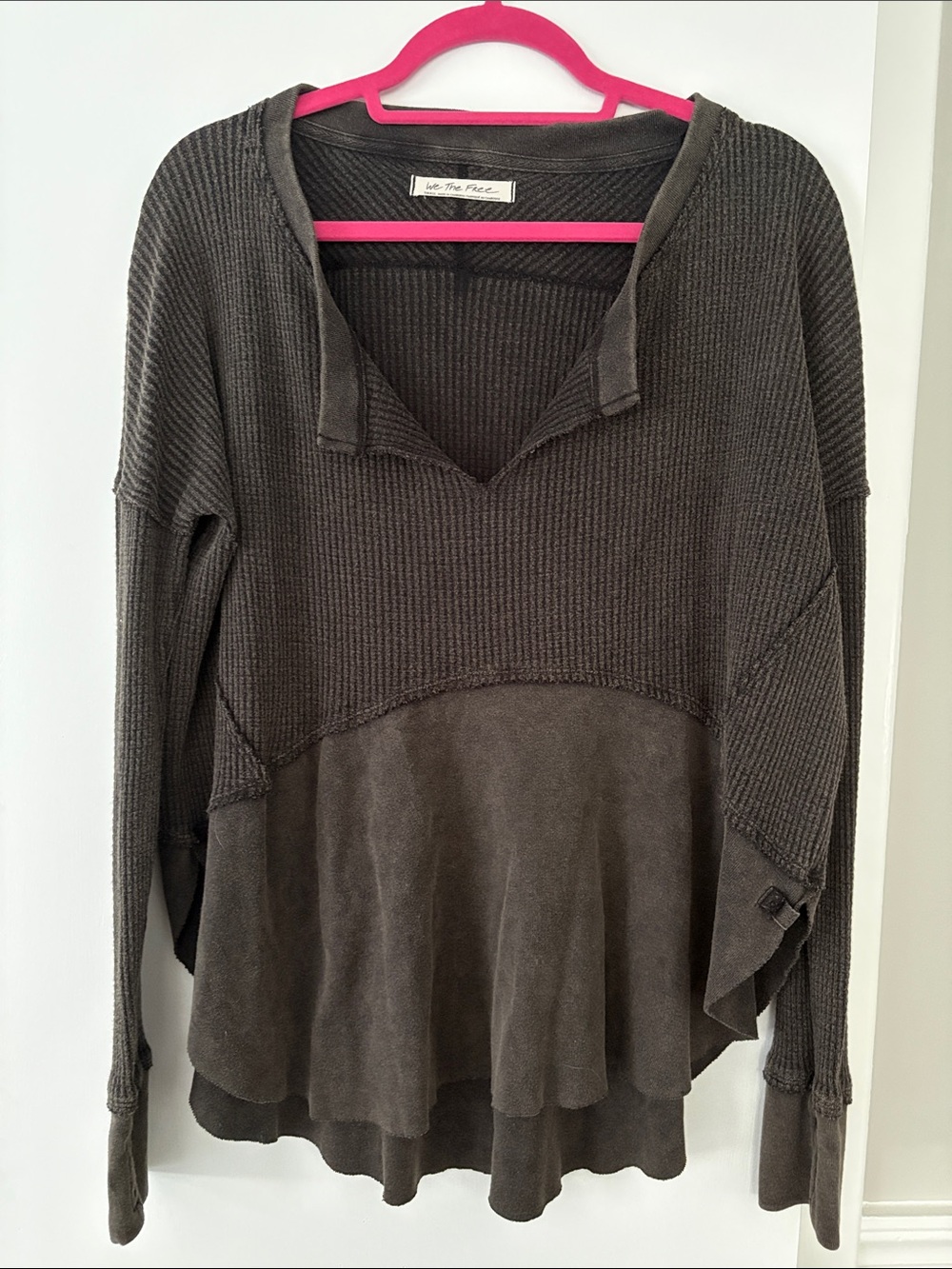 Free People Women's Charcoal V-Neck Long Sleeve Shirt